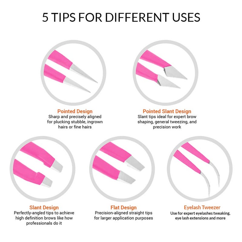 Alfaly Tweezers Set - Professional Stainless Steel 5-Piece Precision Tweezer for Men & Women - Great for Facial Hair Removal, Eyebrow Shaping, Splinters & Ingrown (Pink) - Image 2